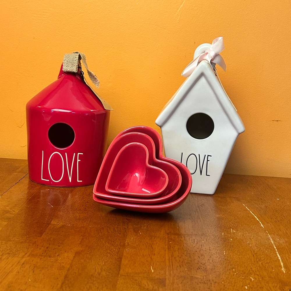 Rae Dunn Red and White Love Birdhouses with Red Heart Nesting Dishes